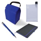 A collection of items including a blue insulated lunch bag, a transparent flat water bottle with a black cap, a blue pen, and a dark notebook with a blue elastic band.