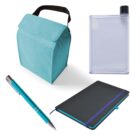 A turquoise lunch bag with a black handle, a flat rectangular water bottle, a cyan pen with silver accents, and a black notebook with a purple elastic band are arranged on a white background.