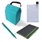 A turquoise insulated lunch bag with a black handle, a slim transparent water bottle, a black notebook with a green elastic band, and a turquoise pen with silver accents are arranged against a white background.