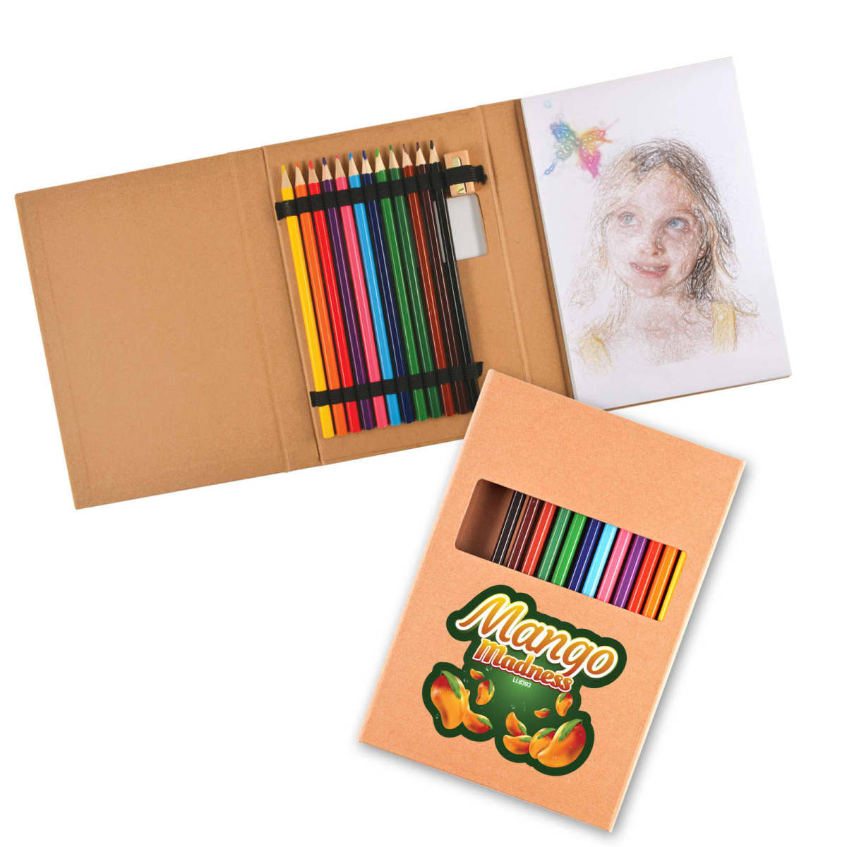 An open cardboard art set displays colored pencils, eraser, and sharpener, with a sketch of a girl and a bird. Below, a closed box features a Mango Madness logo and a window showing pencils inside.