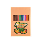 A brown box labeled Mango Madness with illustrations of mangoes on the front. The box has a transparent window showcasing various colored pencils inside.