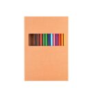A brown cardboard box with a rectangular cutout revealing a set of colorful pencils arranged in a neat row, featuring shades of brown, black, green, blue, pink, red, and yellow against a plain white background.