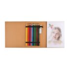 A set of colored pencils in various shades alongside an eraser inside an open notebook. The notebook displays a drawing of a child with a butterfly, created with the pencils. The cover is a light brown color.