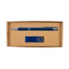 A cardboard box containing a blue and silver ballpoint pen and a matching blue USB flash drive. The pen and USB drive are neatly placed side by side in separate compartments within the box.