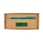 A brown rectangular box containing a green pen with silver accents and a green USB flash drive with a black cover.