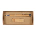A brown cardboard box containing a bamboo pen and a USB flash drive with a matching bamboo casing. The pen has silver accents, and both items are neatly arranged within the box.