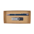 A cardboard gift box containing a blue and silver pen and a silver USB flash drive with a swivel cover.