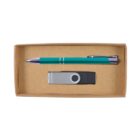 A cardboard box containing a teal and silver pen and a silver and black USB flash drive. The items are neatly arranged side by side.