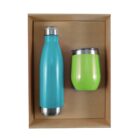 A blue stainless steel water bottle and a green insulated cup with a lid placed side by side in a brown cardboard box.