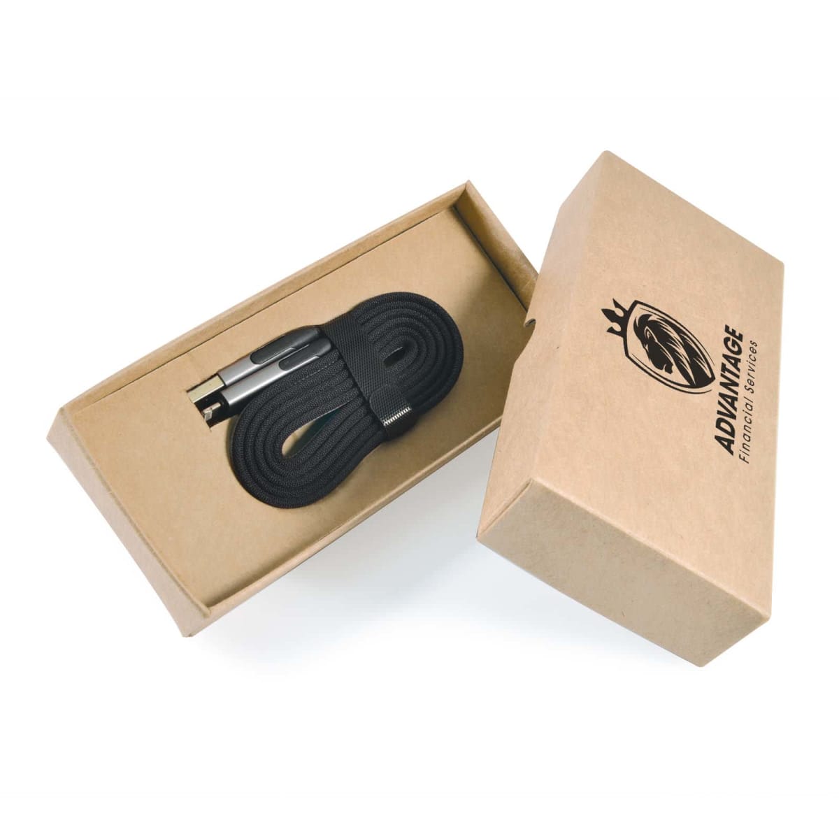 A black braided charging cable with metal connectors is neatly coiled inside an open brown cardboard box labeled ADVANTAGE with a logo of a lions head. The box is tilted at an angle on a white background.