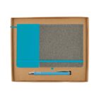 A gift set featuring a notebook with a turquoise and gray cover, and a matching turquoise pen, both neatly placed in a simple brown box.