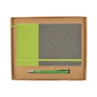 A green and gray notebook with an elastic band is packaged in a cardboard box alongside a green pen with silver accents. The notebook has a fabric-like texture on the gray portion.