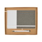 A gray and white notebook with an elastic band is placed in a brown box. A silver and white pen rests below the notebook. The set is presented neatly, suitable for gifting or personal use.