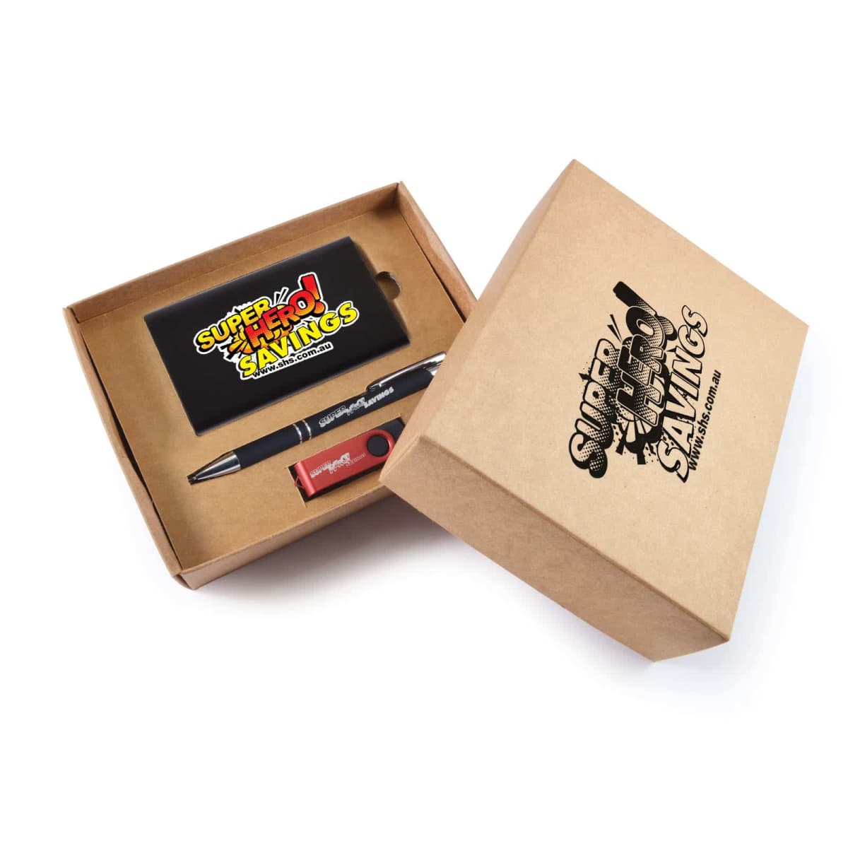 Open cardboard box with Super Hero Savings logo. Inside, a black card holder with the same logo, a silver and black pen, and a red USB drive.