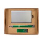 A cardboard gift box containing a silver cardholder, a green and silver pen, and a green USB flash drive.