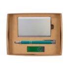 A cardboard gift box containing a silver cardholder, a green pen with silver accents, and a green USB flash drive. The items are neatly arranged, showcasing a professional and sleek appearance.