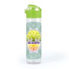 A clear water bottle with a green lid features a colorful tree design and the text RE:EARTH on its side. The tree image blends yellow, green, and orange hues, set against a pattern of concentric green lines.