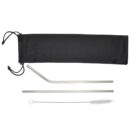 Reusable metal straw set with a black drawstring pouch. Includes a straight straw, a bent straw, and a cleaning brush with white bristles, all laid out on a plain white background.