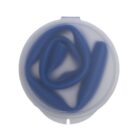A coiled blue earplug inside a round white plastic case with a translucent lid.