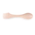 A beige spork lying on a white background. The spork has a spoon on one end and fork tines on the other, with a slightly textured surface.
