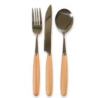 A set of three pieces of cutlery with wooden handles: a fork, a knife, and a spoon. They are neatly arranged side by side, with their metallic ends facing upwards and their handles at the bottom.