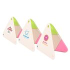 Three triangular promotional items with logos: Little Explorers with a mountain, SmileCraft with a smiling heart, and Sprinkle Sensations with a pink donut. Each triangle has green and pink sections.
