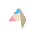 A triangular notepad with pages in pastel blue, pink, and green. The cover is beige with holes on the edges. The pad is slightly open, showing the colored sections.
