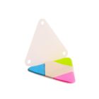 A triangular notepad with colorful sticky notes in blue, pink, green, and beige sections, partially opened, displaying a matching triangular cover with three holes.