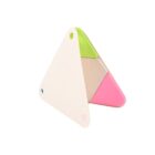 Triangle-shaped stackable toy with colorful pieces. The main structure is beige with three attached triangles in pink, green, and beige. The toy is standing upright against a white background.