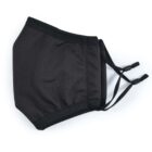 A black cloth face mask with adjustable ear loops and a textured fabric surface, displayed on a white background. The mask features a contoured shape for a snug fit.