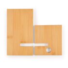 Two wooden puzzle pieces on a white background. The pieces are rectangular with a cut-out section and a circular hole. They are positioned side by side as if fitting together.
