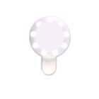 A round, white LED clip-on ring light with nine illuminated bulbs, designed to attach to a device for enhanced lighting. Its isolated against a white background.