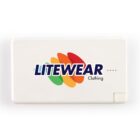 A white rectangular device featuring the logo Litewear Clothing with colorful overlapping ovals in red, orange, and green behind the text. Four small dots are visible on the right side of the device.