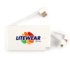A white power bank with LITEWEAR Clothing logo in blue and multicolored design. It has two attached charging cables with USB and lightning connectors.