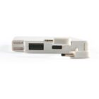 A white multi-port charger with a foldable design is shown. It features various charging ports, including USB-A, USB-C, and a socket plug. The compact design is emphasized against a plain white background.