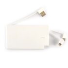A white portable power bank with integrated cables. It has two connectors: one USB and two smaller connectors, likely for charging different devices. The power bank has a compact, rectangular shape with smooth edges.