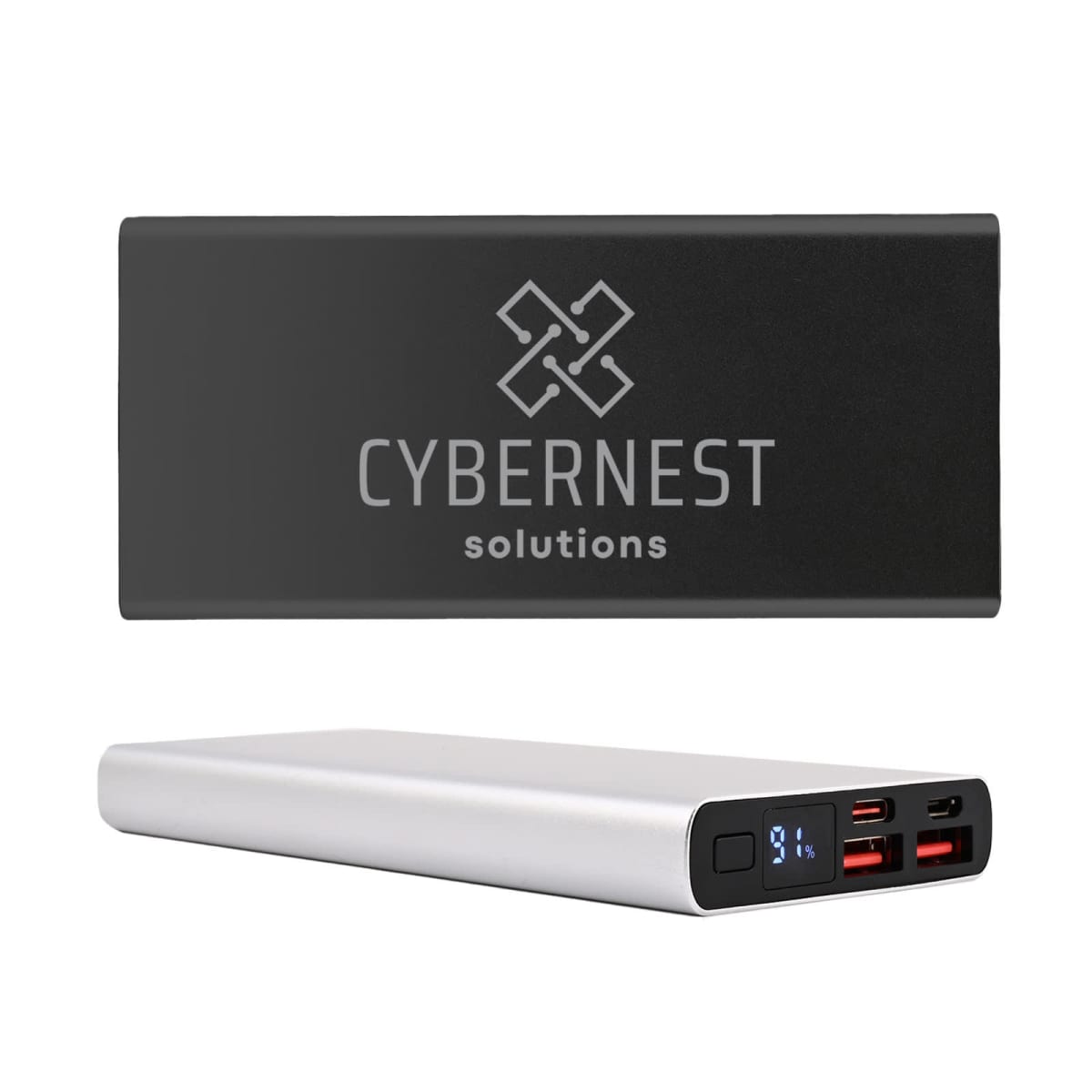 Silver power bank with CYBERNEST solutions logo. Displays a lit screen showing charge level, with multiple USB ports in black and red for connectivity.