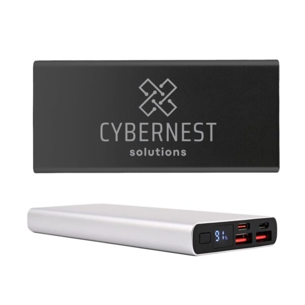 Sleek, rectangular external battery with the logo CYBERNEST solutions. Features a digital display showing battery percentage and several USB ports, including red accents on two of them.