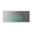 Rectangular metallic power bank with the blue logo and text Bayside Water Authority printed on top. The logo includes wave and bar graph elements.
