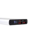 Silver power bank with a digital display showing 91% charge. It has multiple USB ports, including USB-C, on its black panel.