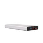 A sleek silver power bank with multiple USB ports and a digital battery level display on one end, showing 85% charged.