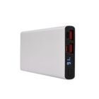 A sleek, rectangular, silver power bank with a digital display. The front side features two USB ports, a USB-C port, and a power button. The LED screen shows the battery percentage.