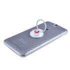 A silver smartphone with a textured, carbon-fiber-like back is shown lying face down. Attached to the back is a white circular phone ring with a red fox logo and the text Fox mobile.