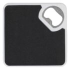A black and white square coaster with a built-in metal bottle opener in the top right corner. The coaster has a textured surface and a smooth plastic edge.