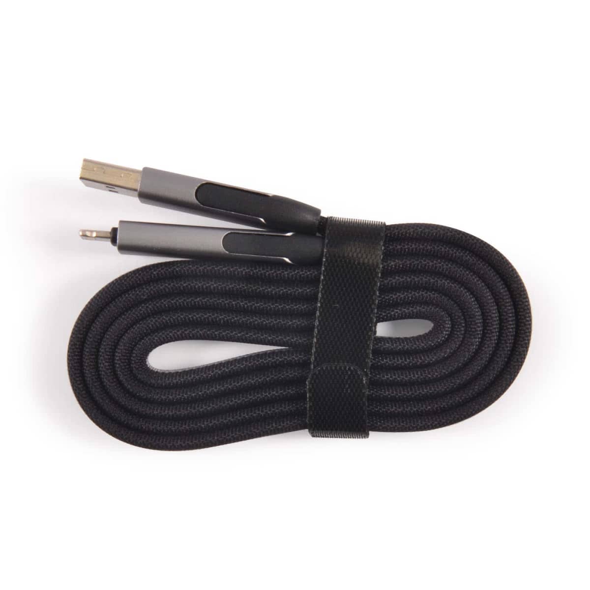 A coiled black braided charging cable with a USB connector on one end and a Lightning connector on the other. It is secured in place with a black Velcro strap.