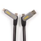 Two gray charging cables with black braided exteriors. One cable has USB and lightning connectors, and the other has USB and USB-C connectors. Both cables have Pro Electrical written in yellow on the connectors.