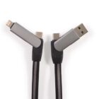 Two charging cables with interchangeable connectors are shown. One cable ends with a Lightning connector, while the other ends with a USB-A connector. Both cables have a braided black and gray design with metal connector housings.