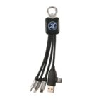 A multi-purpose charging cable with a keyring attachment. It features four connectors: USB, USB-C, micro USB, and Lightning. The cables are black and braided, and the connectors are silver and black. The keyring is attached to a small, branded hub.