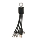 A black multi-functional charging cable with a keyring attachment at the top. It features four connectors: a USB, micro USB, Lightning, and USB-C, each extending from a single base.