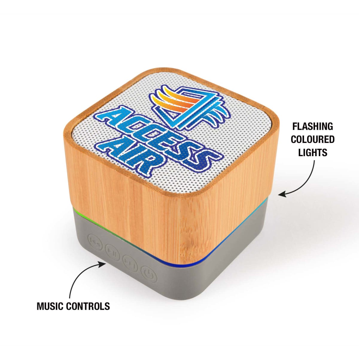 A cube-shaped wooden Bluetooth speaker with a logo and ACCESS AIR on top. It features flashing colored lights and music controls on the front side. The speaker has a mesh top and rests on a gray base.